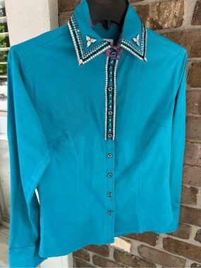 Royal Highness Equestrian stunning Embellished western Teal Shirt w/ Beads